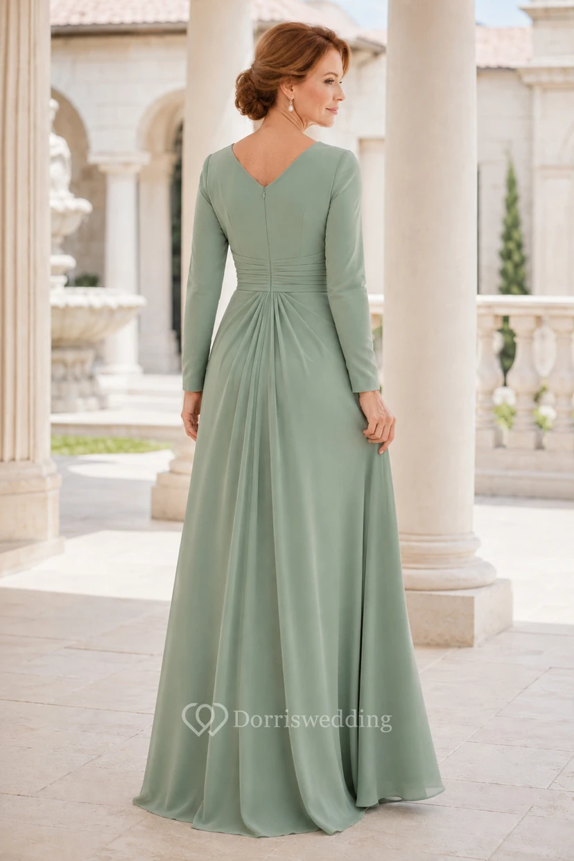 Sage Long Sleeve Chiffon A-Line Mother Dress with V-Neck view 2