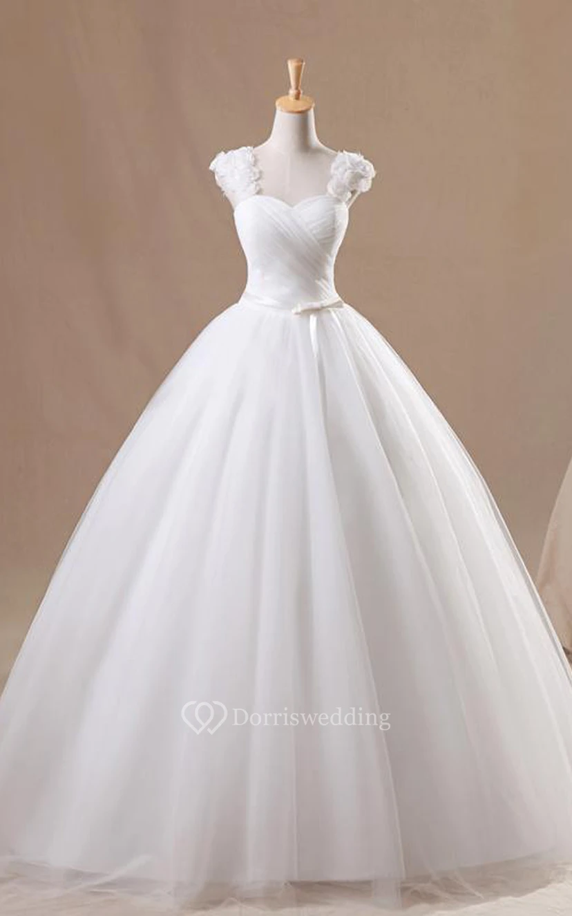 Ball Gown Mini Straps Sweetheart Sleeveless Bell Cap Flower Chapel Train Corset Back Straps Tulle Lace Dress view 5