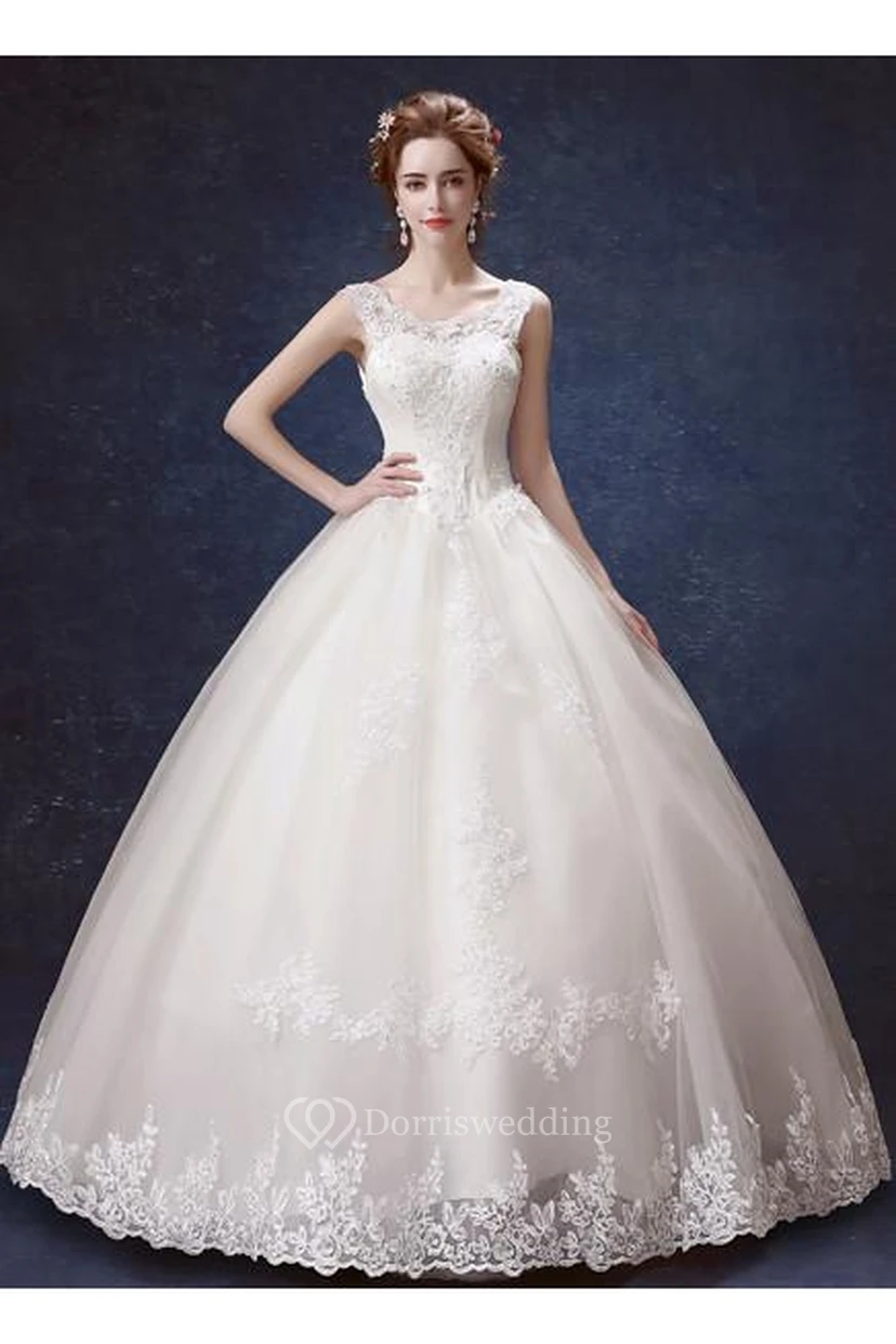 Elegant Scoop Sleeveless Lace Wedding Dresses Ball Gown Lace-up view 2