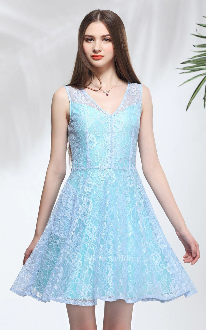 Robe courte trapèze sans manches à col V et dentelle view 5
