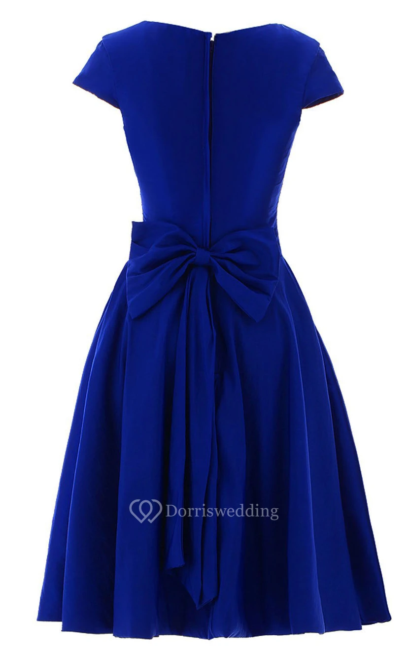 Short Sleeve Ruched Sash Midi-length Pleated Chiffon Dress view 3