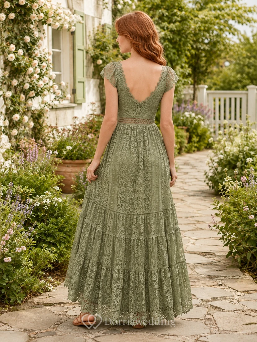 Sage Bohemian Lace Short Sleeve V-Neck A-Line Floor Length Evening Dress view 2