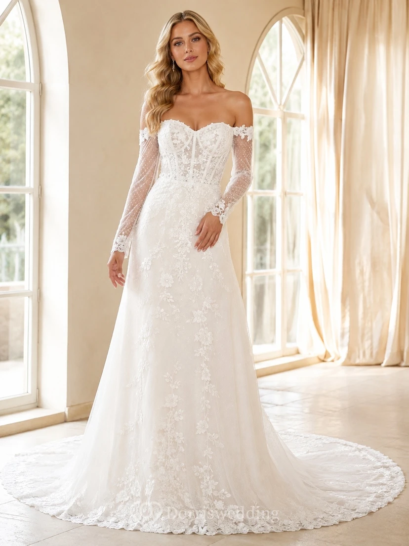Square Romantic Neck Bridal Classic Wedding Dress A-Line Lace