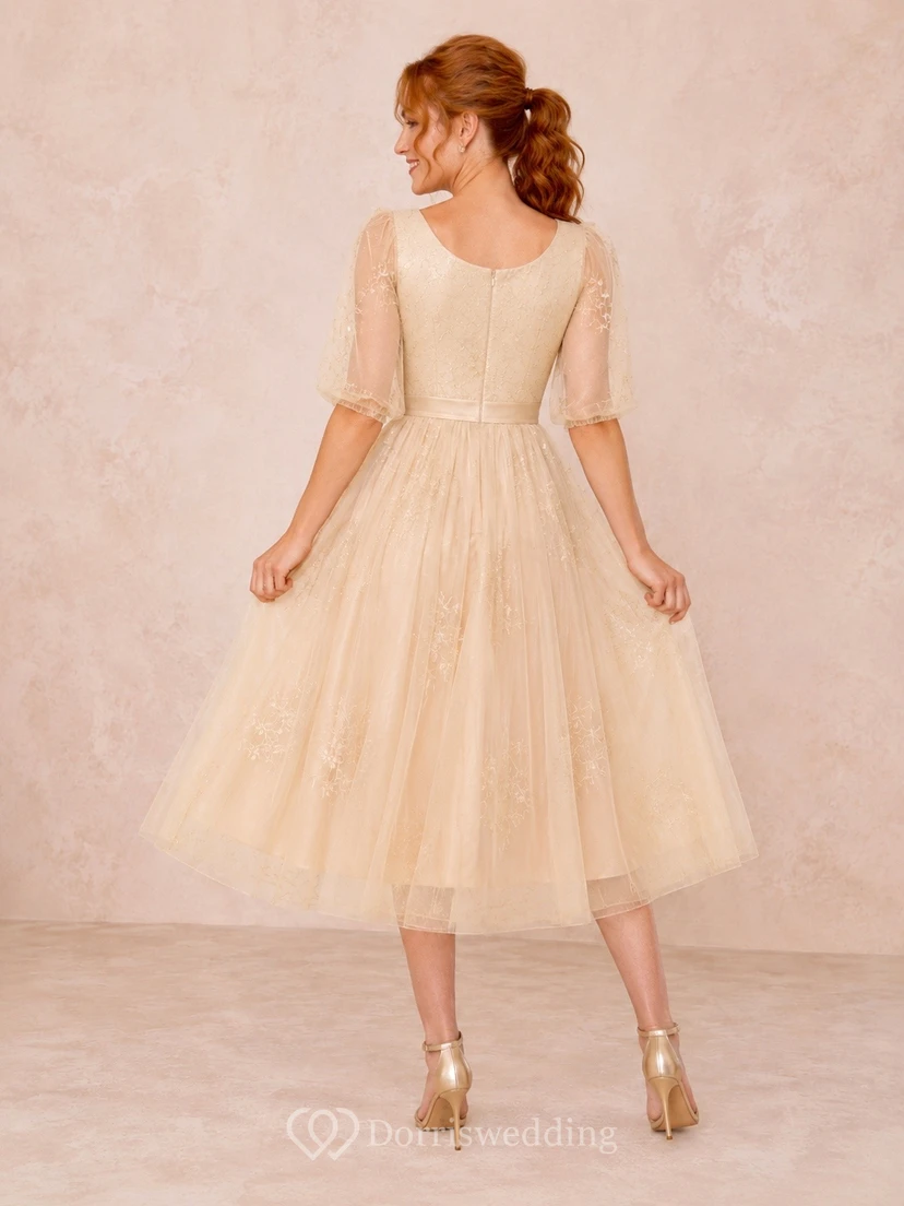 Champagne Square Neck Short Sleeve Tulle A-Line Tea-Length Dress view 2