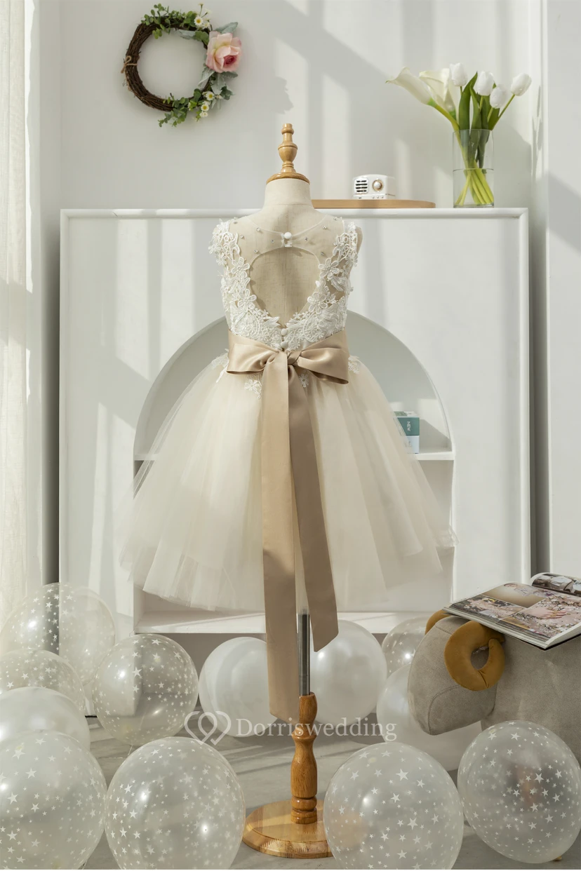 Lace Elegant Tulle A-line Champagne White Flowergirl Dress view 2