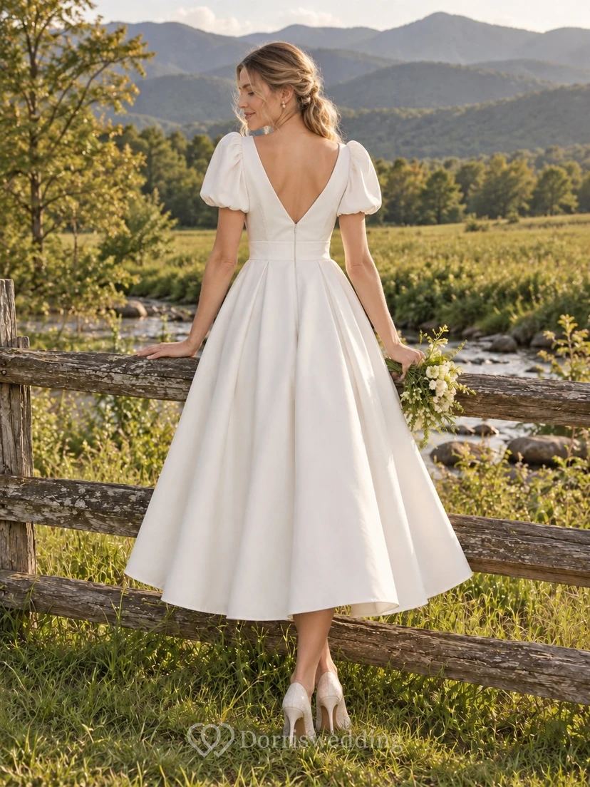 Schlichtes, teelanges A-Linien-Brautkleid aus Baumwollsatin mit V-Ausschnitt, kurzen Ärmeln und Falten view 2