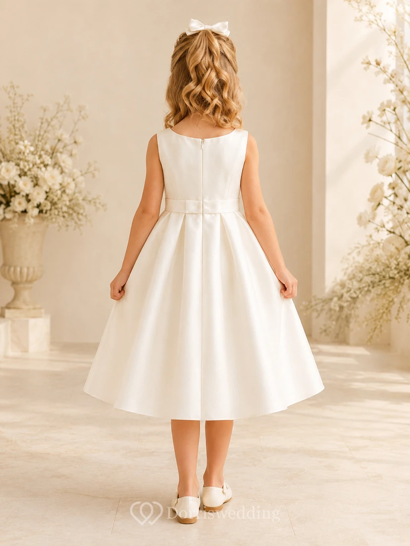 Flower Girl Dress Champagne Satin A-Line Jewel Neck Tea Length view 2