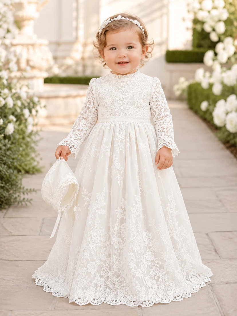 Taufkleid mit hohem Kragen, A-Linie, Spitze, Tüll, lange Ärmel, geschwungener Saum