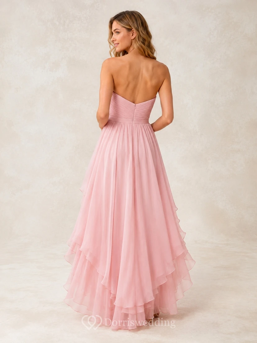 Kleid aus altrosafarbenem Chiffon mit Spaghettiträgern, Rüschen und gestuftem, asymmetrischem Saum in A-Linie view 2