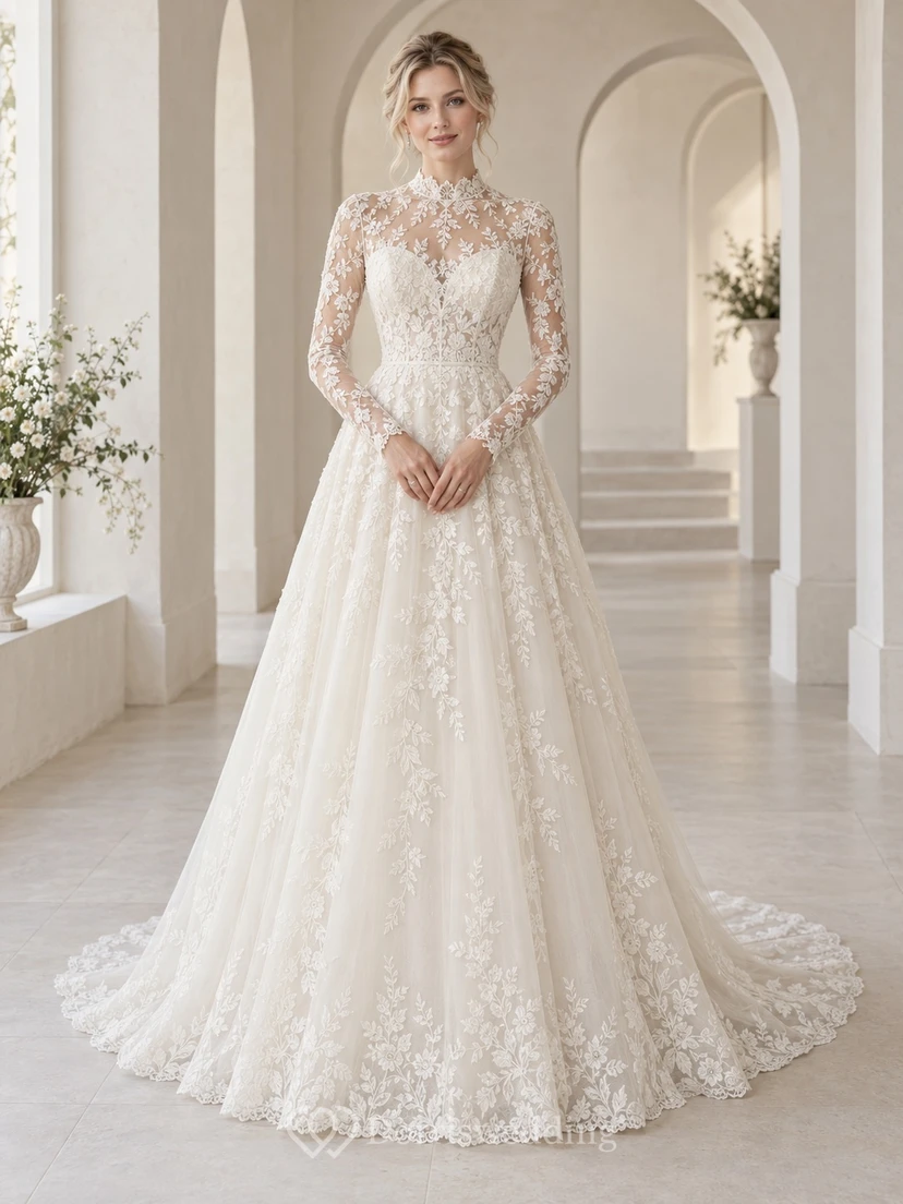 Robe de mariée modeste à col montant, manches longues, ourlet trapèze, dentelle florale et traîne, style trapèze.
