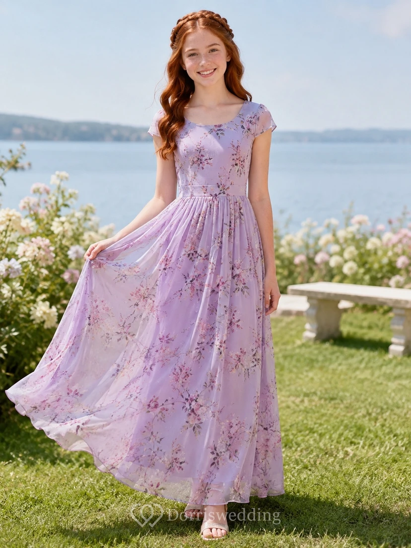 Lavendelfarbenes Brautjungfernkleid im A-Linien-Stil mit rundem Ausschnitt und kurzen Ärmeln aus Chiffon mit Blütenblattmuster und Boho-Stil.