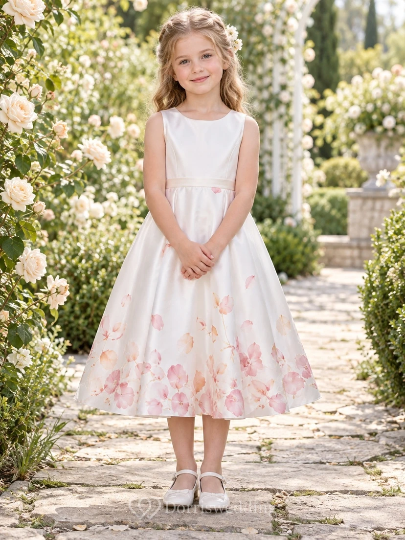 Tea-length White Floral Sleeveless Jewel Neck Watercolor Satin Flower Girl Dress
