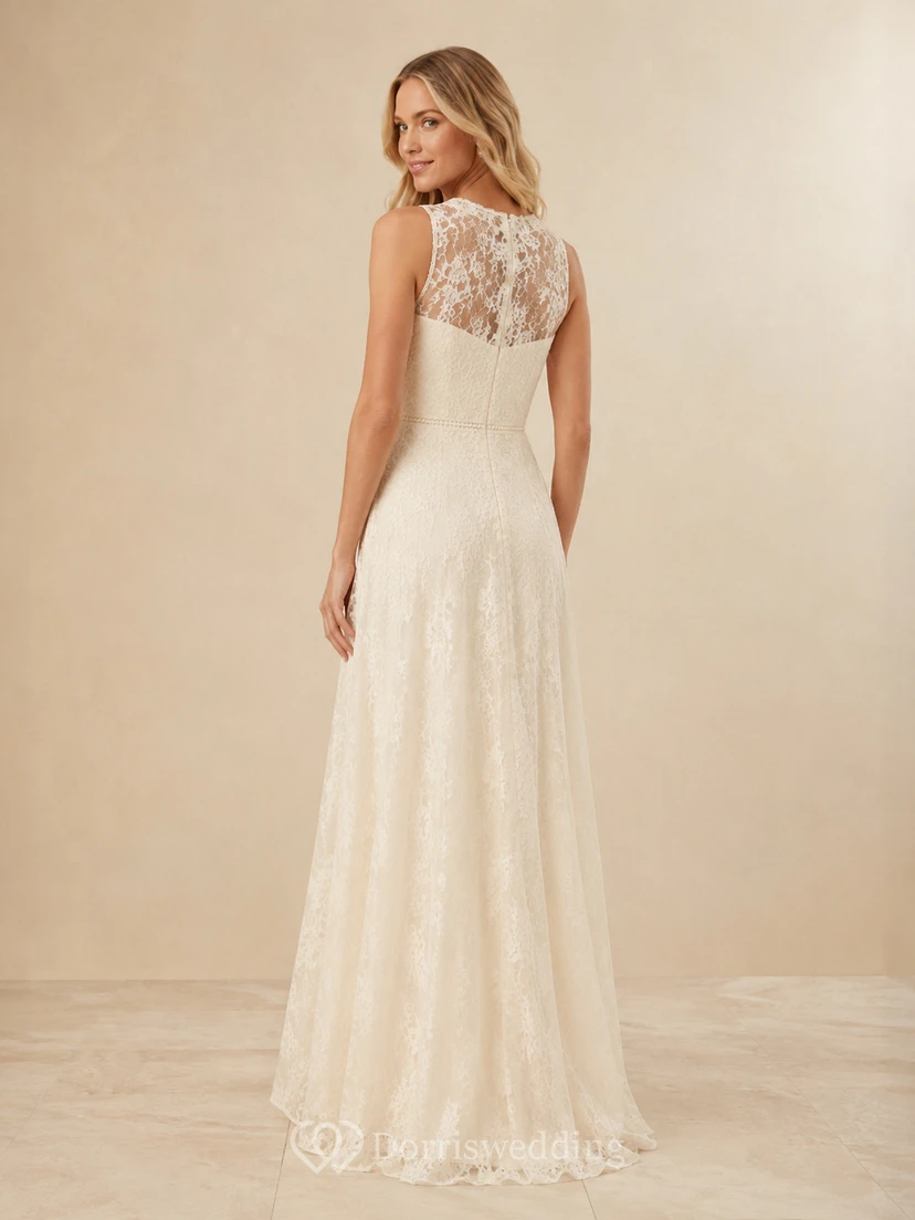 Robe de mariée Illusion Keepsake, coupe trapèze, longueur au sol, col montant, sans manches, en dentelle, style modeste view 2