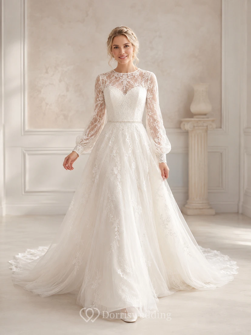 Langärmeliges, transparentes A-Linien-Brautkleid aus Spitze