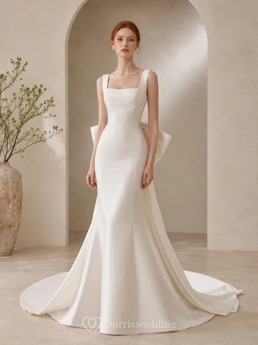 Robe de mariée sirène moderne en satin satiné à col carré et nœud surdimensionné