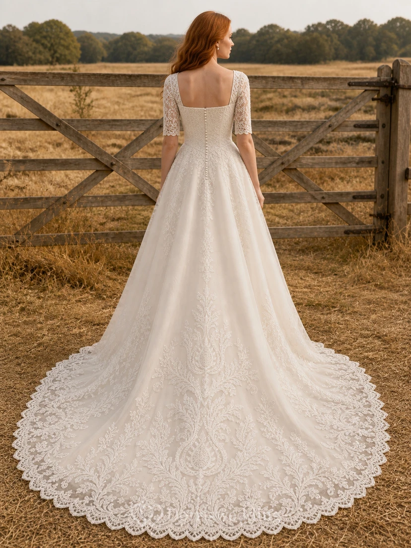 Vestido de novia modesto de corte A con mangas tres cuartos, escote cuadrado, encaje de vid y cola catedral. view 2