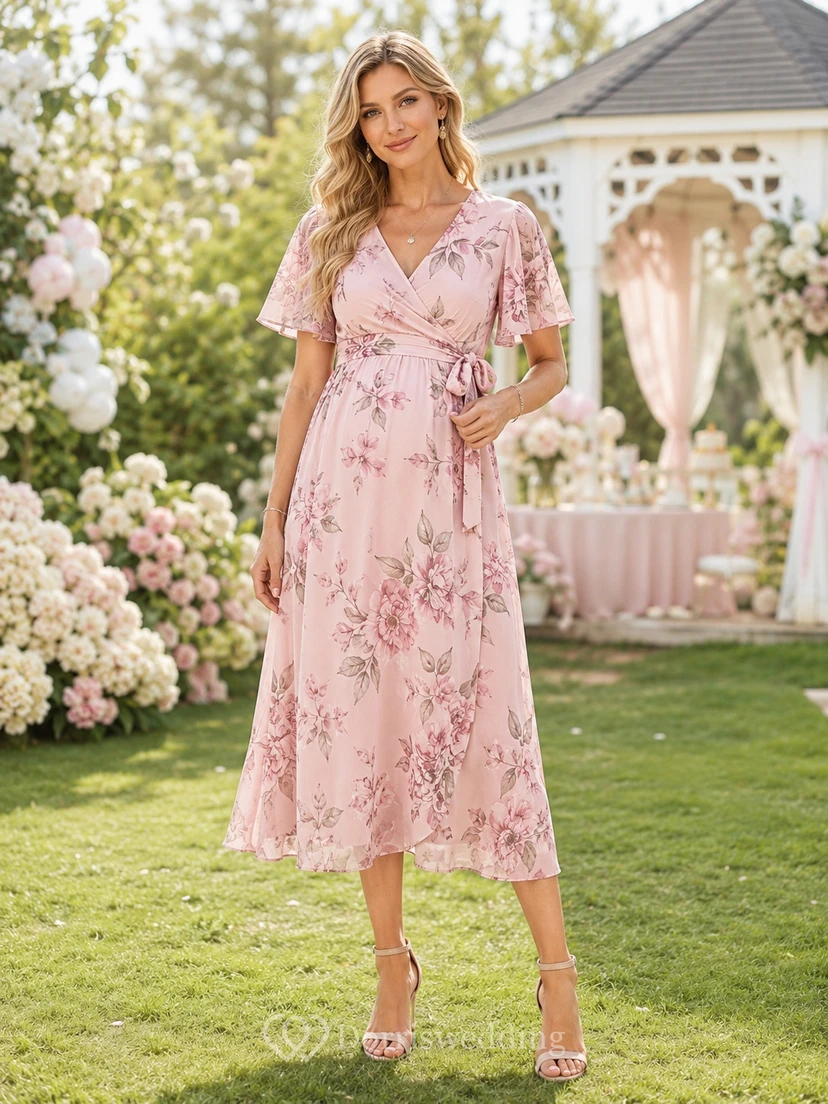 Pink Floral Wrap Short Sleeve Nursing Friendly Midi Dress