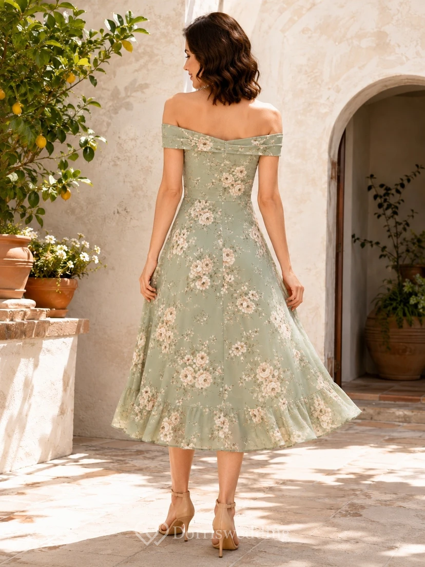 Off-the-shoulder Petal Sleeve Floral Chiffon A-Line Tea-length Bohemian Garden Dress view 2