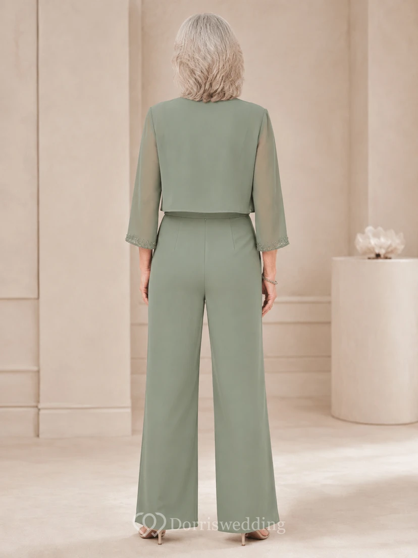 Mother Sage Chiffon Jumpsuit with Scoop Neck Cropped Jacket and Wide Leg Pants view 2