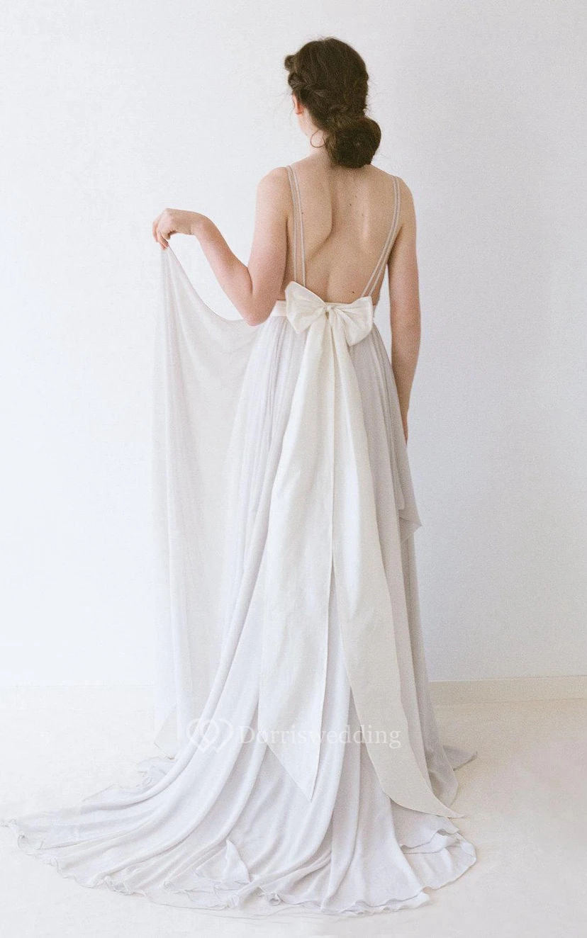 V-Neck Sleeveless Pleated Chiffon Dress With Back Bow view 3