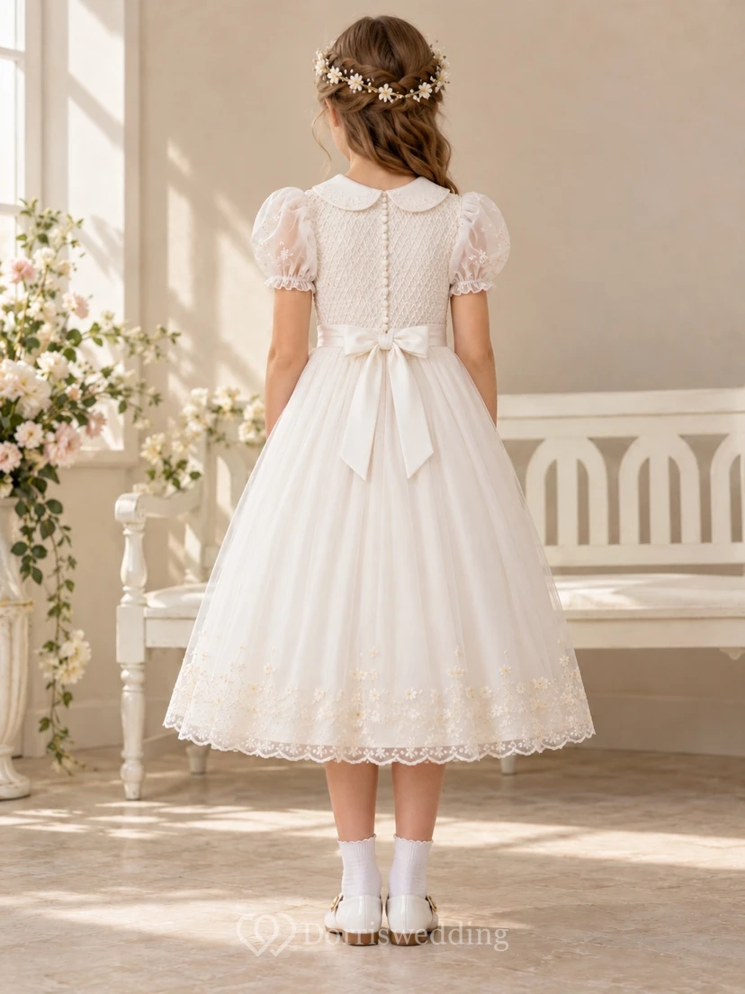 Tea-length Ivory Rounded Collar Floral Smocked Puff Sleeve Communion Dress view 2