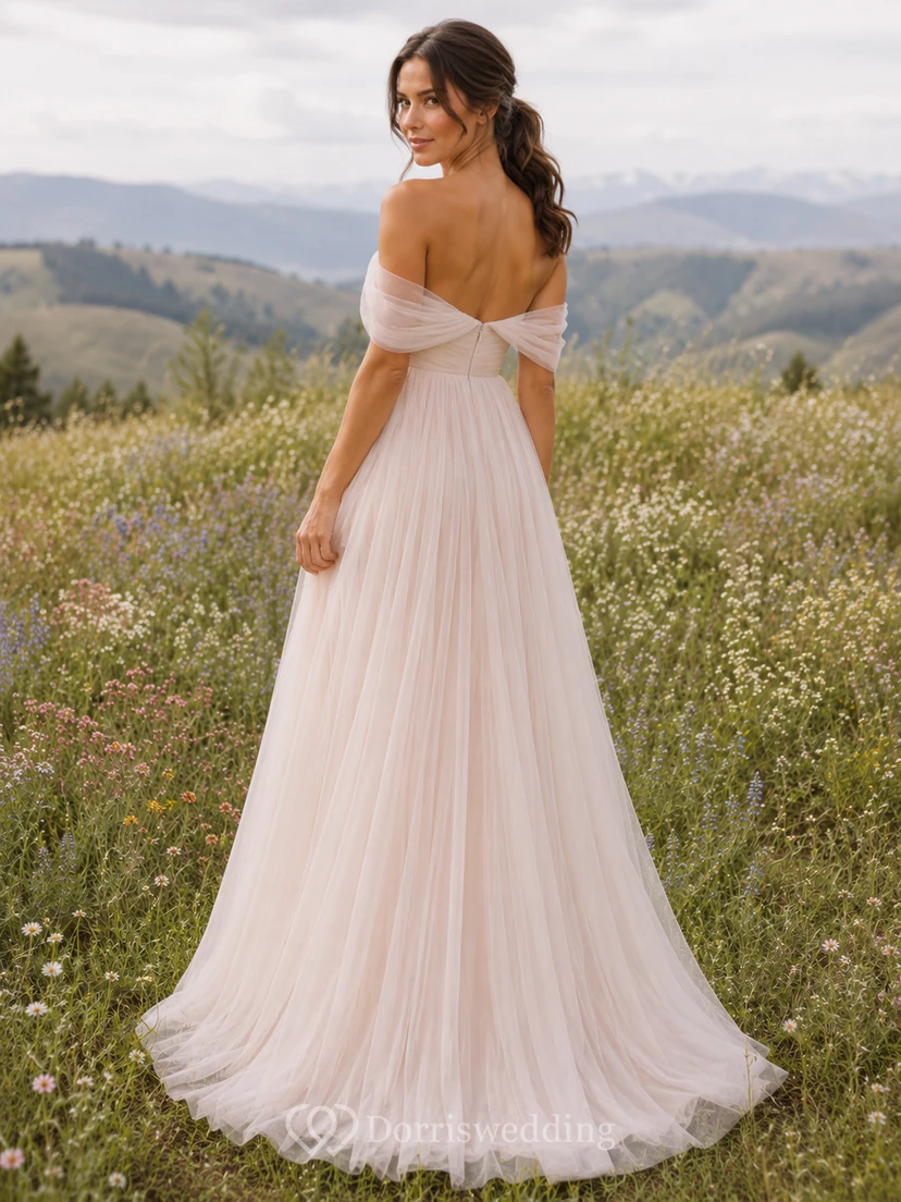 Romantisches schulterfreies Empire-Kleid aus Tüll mit Wildblumenmuster für eine romantische Hochzeit view 2