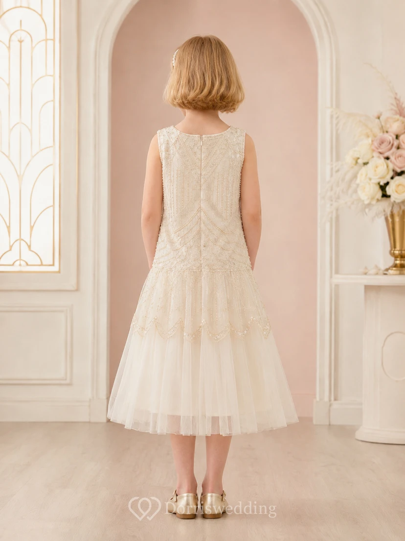 A-Line 1920s Inspired Beaded Flower Girl Dress with Sleeveless Beaded Bodice, Sequined Tulle, Tea-Length Hem, Deco Formal Style view 2