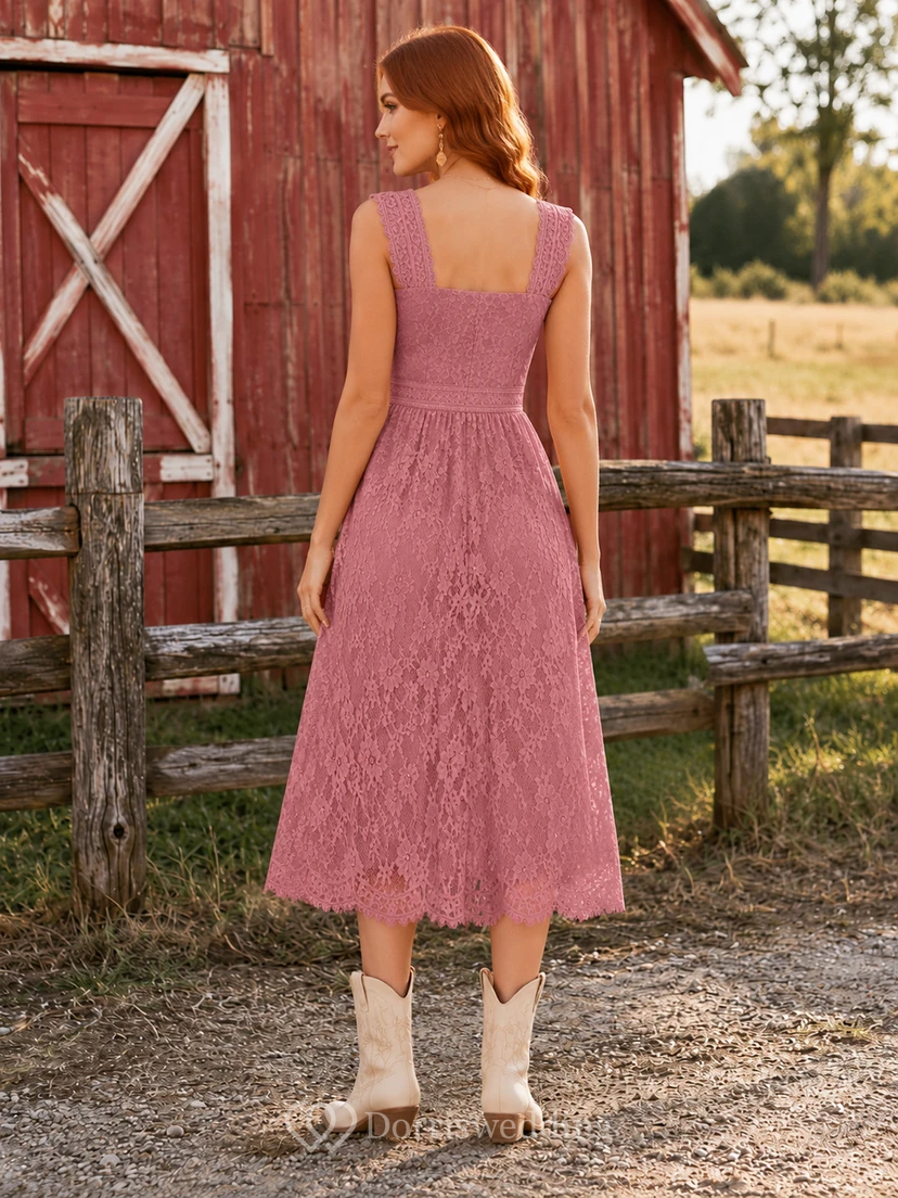 Dusty rose square neck lace A-line barn wedding midi dress view 2