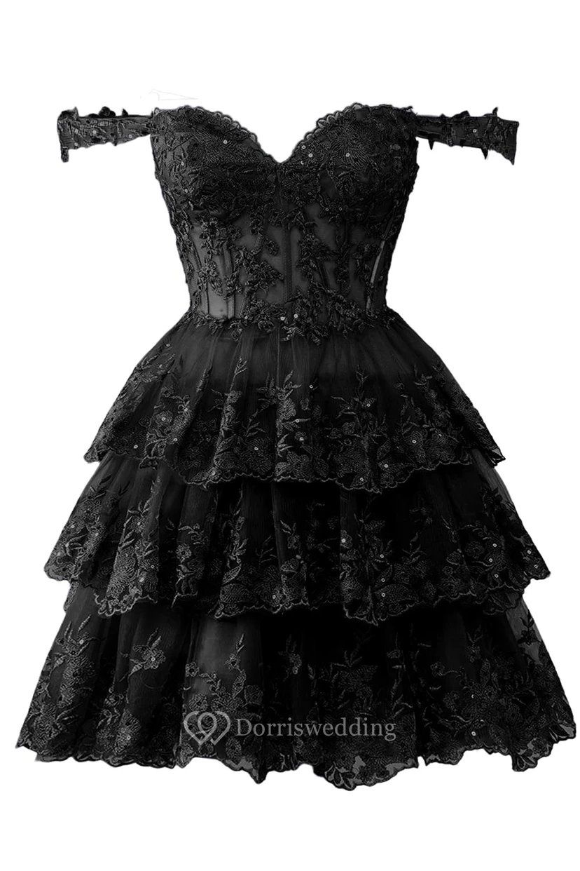 Blue Off-the-Shoulder Short Dress with Lace view 34