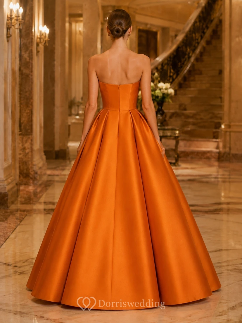 Luxury Orange Strapless Satin Ball Gown Floor-Length Simple Formal Prom Dress view 2