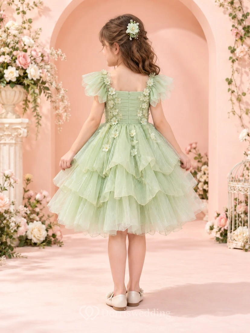 Feenhaftes mintgrünes Blumenmädchenkleid mit eckigem Ausschnitt, Rüschen und floralem Stufenrock aus Tüll view 2