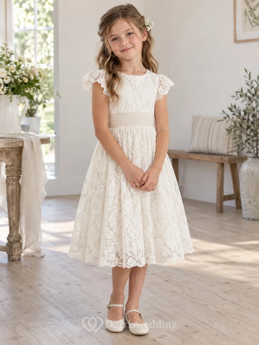 Modest Ivory Tea-length Scalloped Flutter Sleeve Narrow Sash Floral Lace Flower Girl Dress