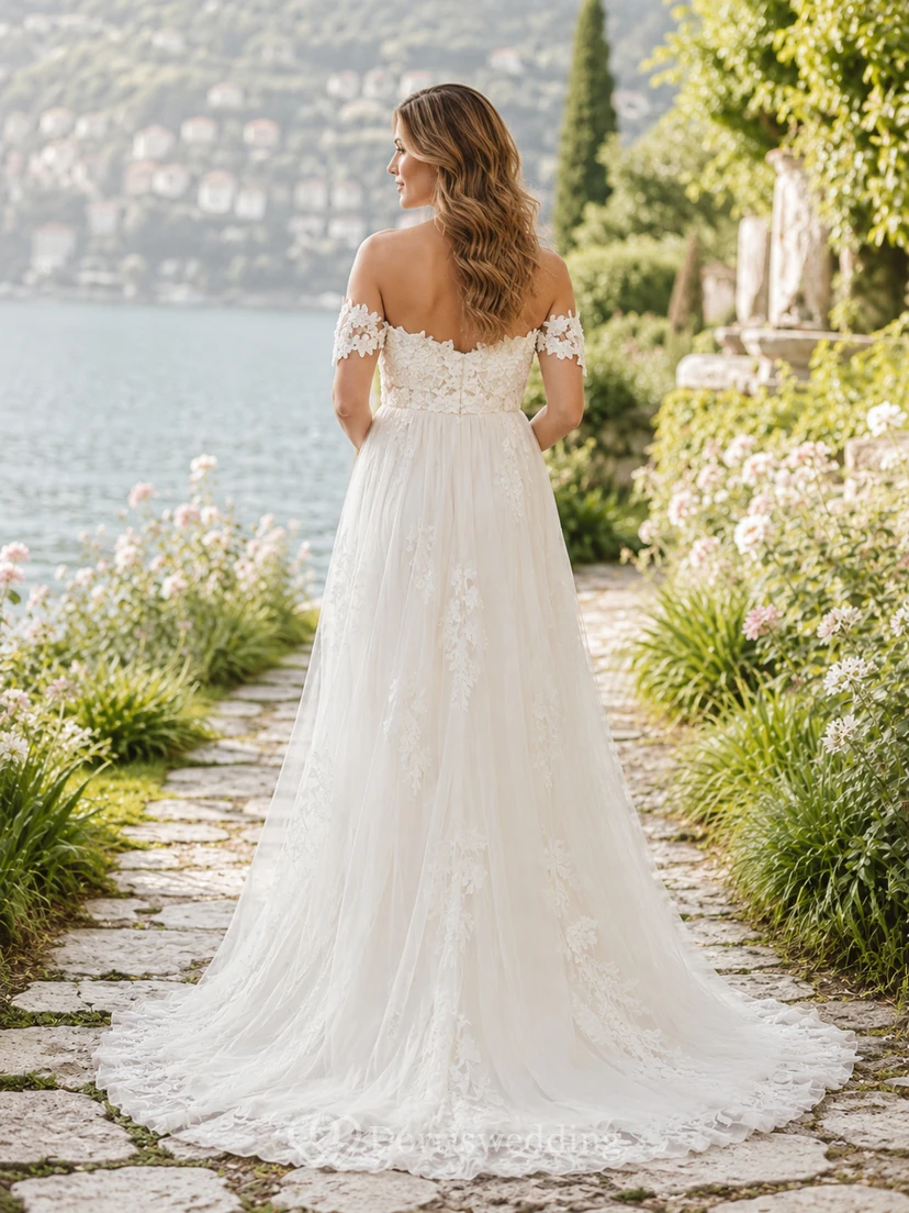 Umstands-Hochzeitskleid mit schulterfreiem Oberteil aus Spitze und Tüll view 2
