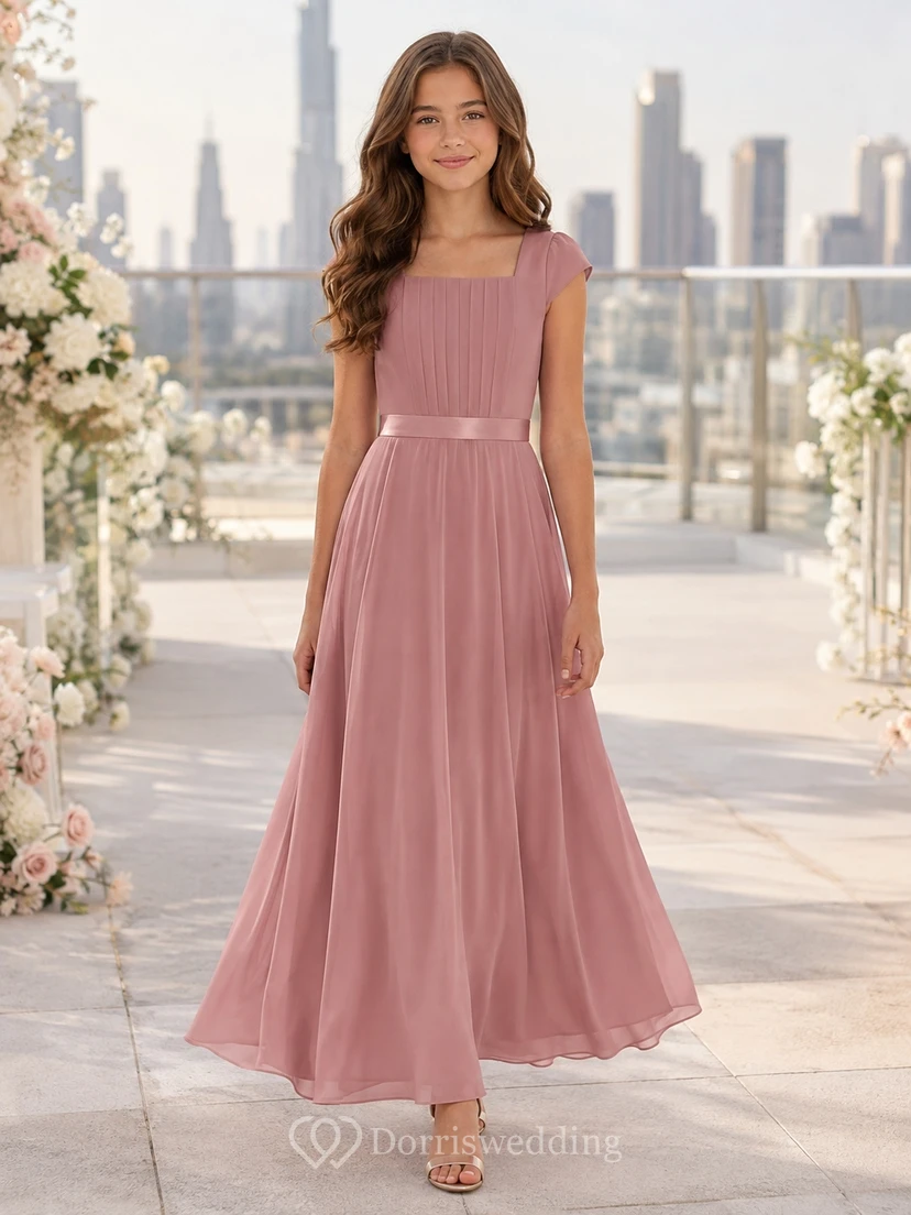 Brautjungfernkleid in Altrosa, A-Linie, eckige kurze Ärmel, Falten-Details, modern