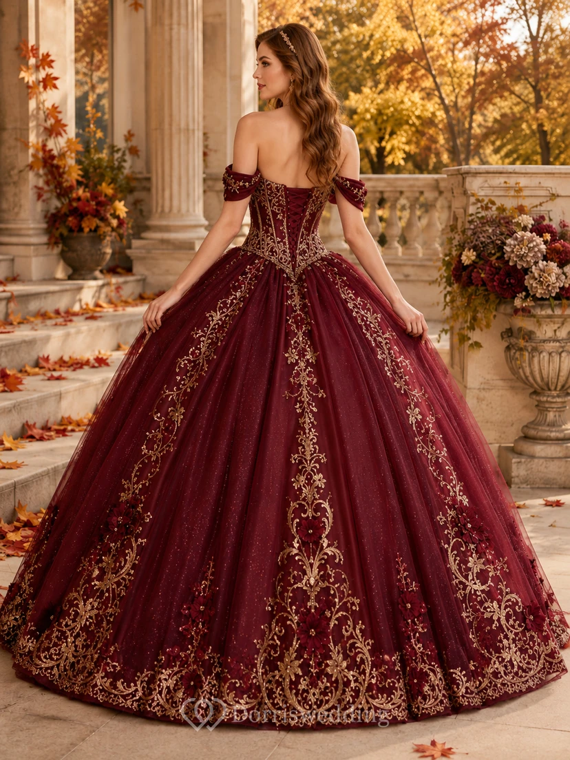 Robe de bal de princesse bordeaux à épaules dénudées et en dentelle brodée or pour quinceañera view 2