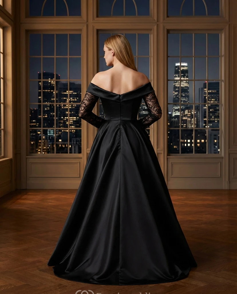 Robe de soirée en satin noir, coupe trapèze, épaules dénudées, manches longues, dentelle, fente. view 2