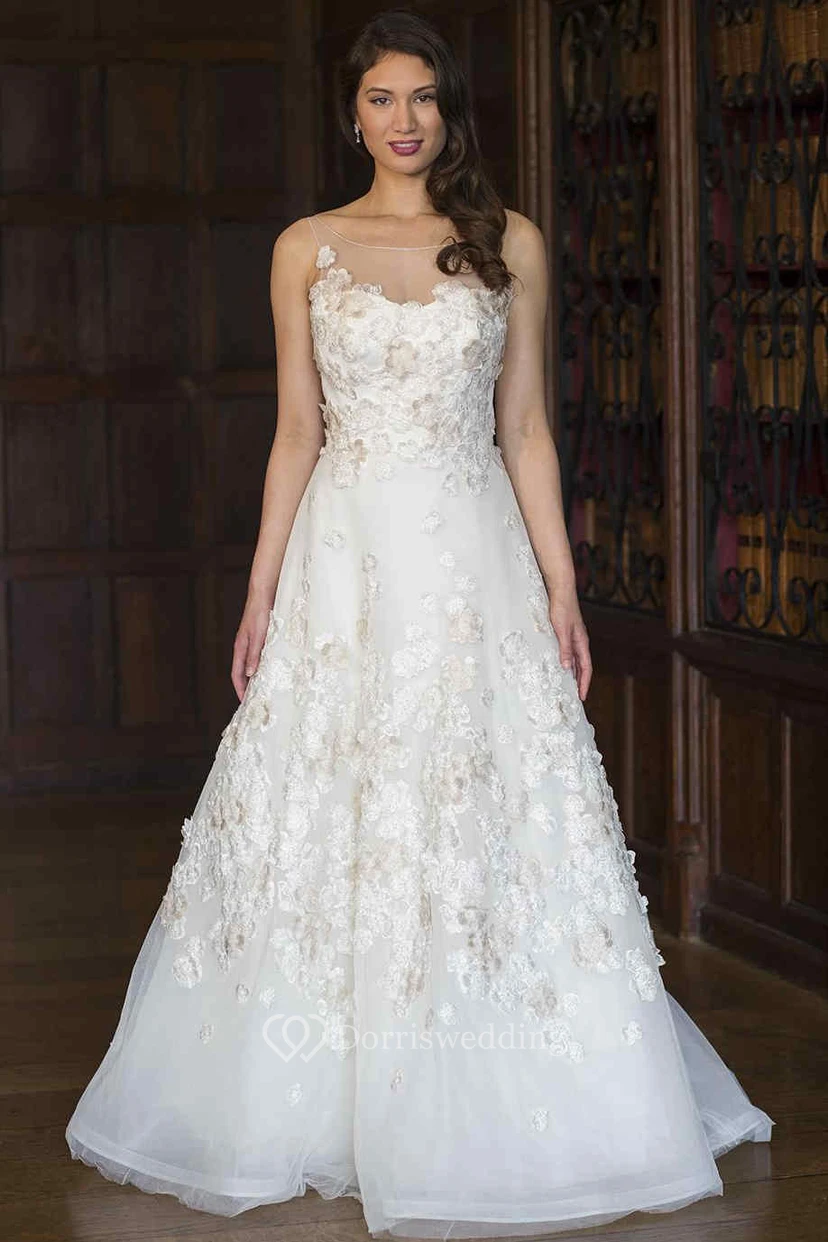 A-Line Scoop-Neck Floor-Length Sleeveless Floral Organza Wedding Dress With Appliques