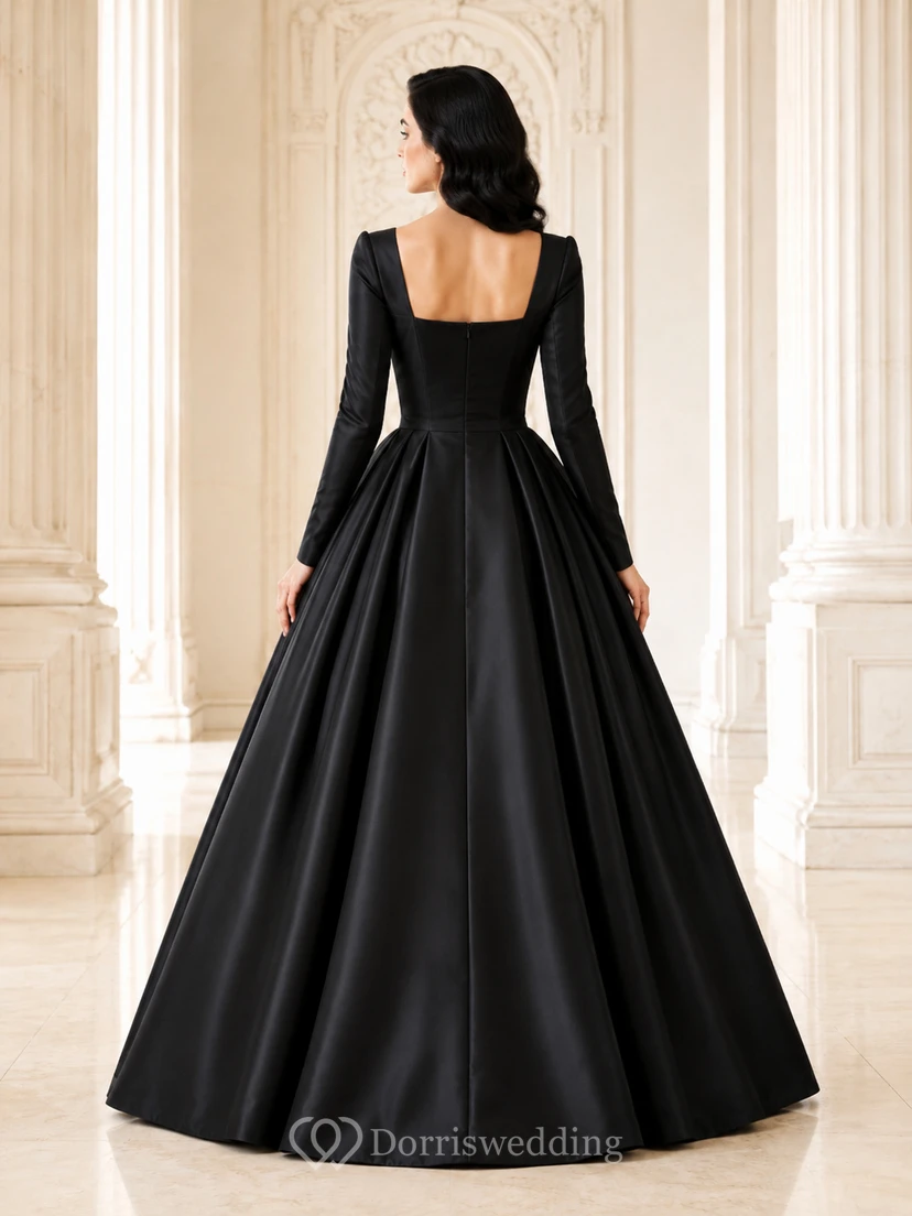 Vestido de fiesta de lujo de satén negro de manga larga con escote cuadrado, estilo Dinastía Noir, largo hasta el suelo. view 2