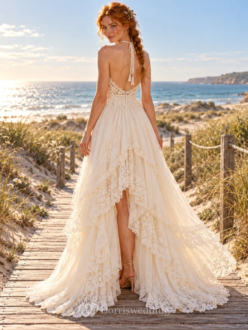 Boho High-low Halter Openwork Lace Chiffon A-line Train Wedding Dress view 2