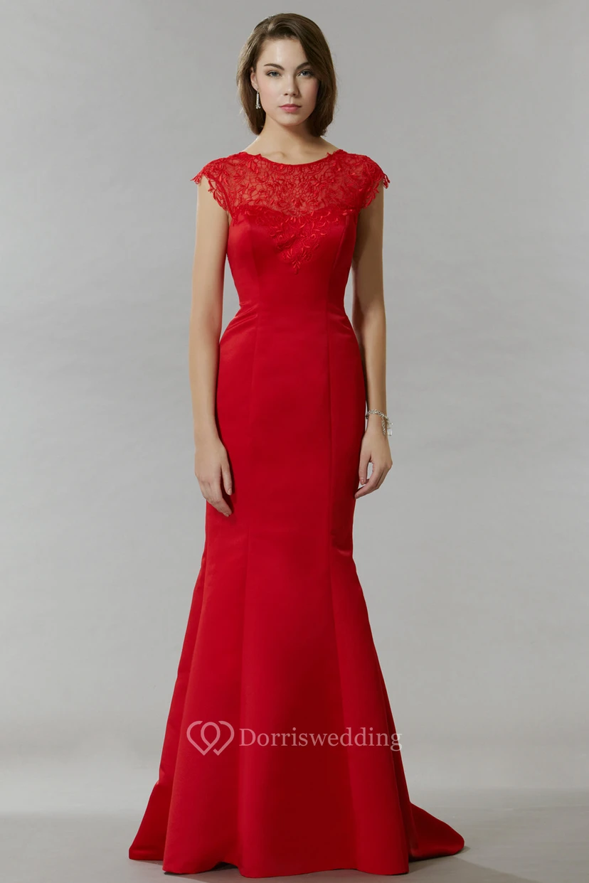 Mermaid Cap-Sleeve Lace Scoop Maxi Satin Prom Dress With Low-V Back And Sweep Train