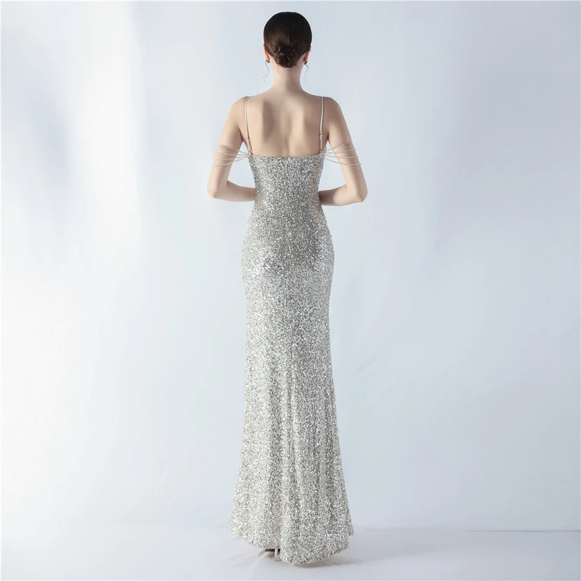 Robe de soirée sexy à bretelles et fente haute, ornée de perles et de perles artisanales. view 56