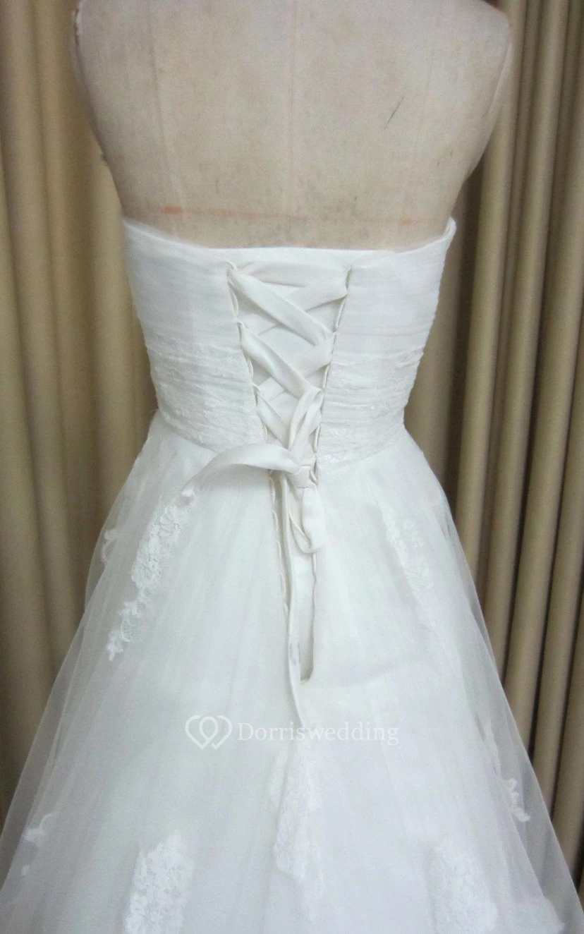 Sweetheart A-Line Lace Gown With Ruched Crisscross Bodice and Lace-Up Back view 4