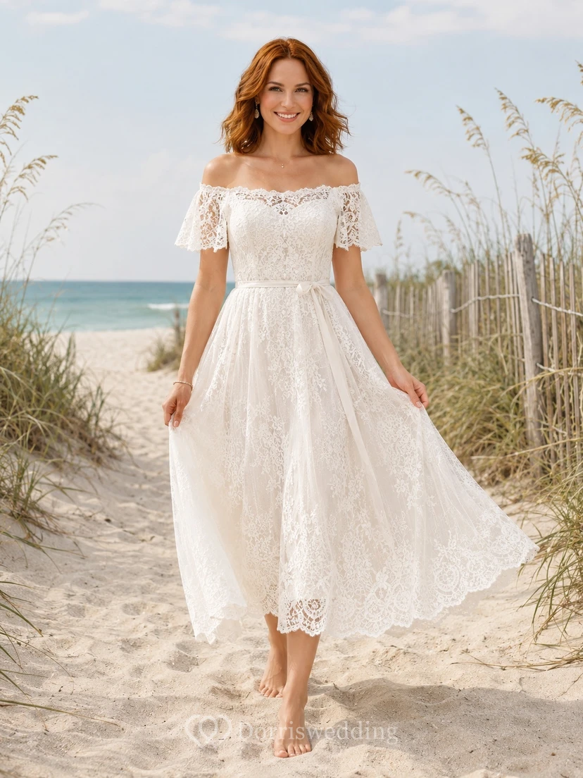 Lässiges Strandkleid aus Spitze, schulterfrei, kurzärmelig, A-Linie, Teelänge, Boho-Stil