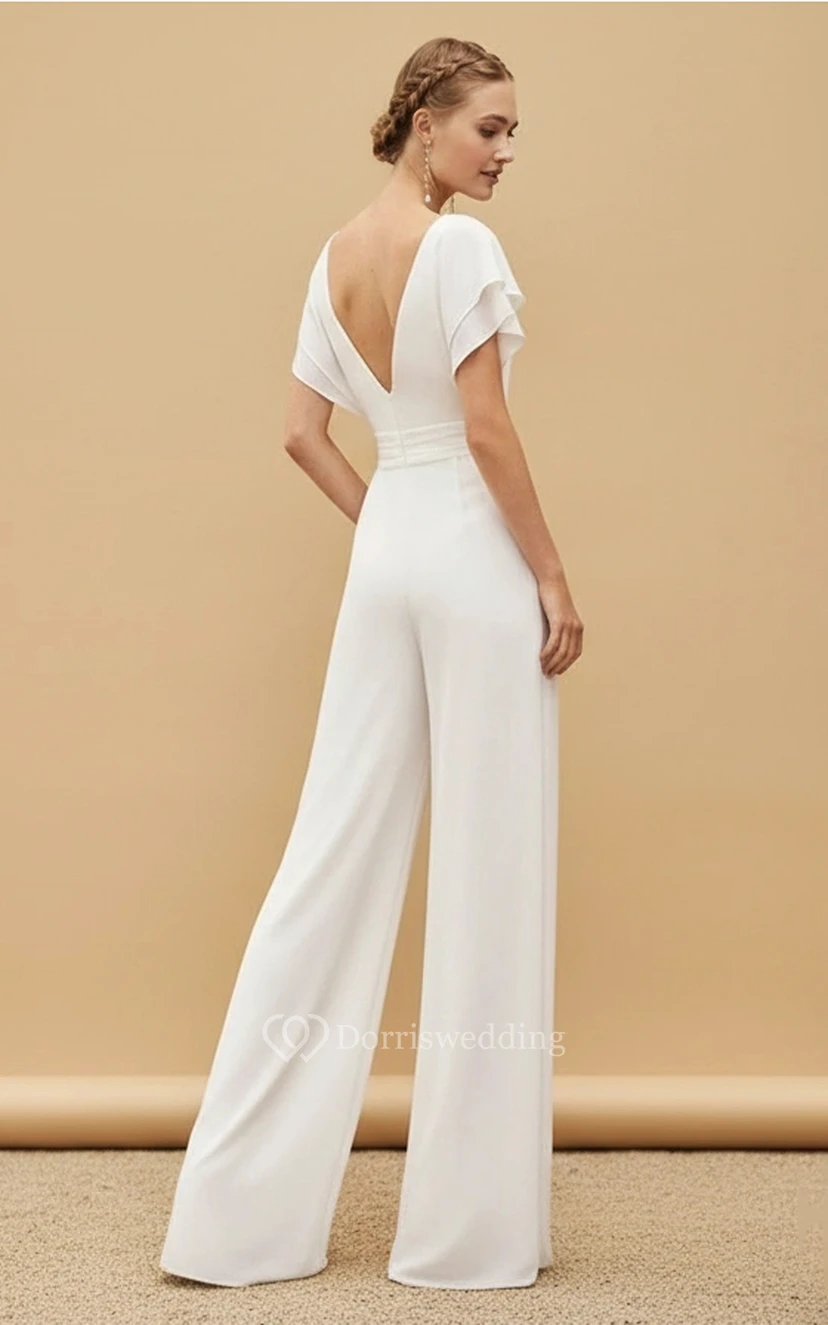 Modest Boat Neck White Jumpsuit with Layered Cape Sleeves & Palazzo view 2