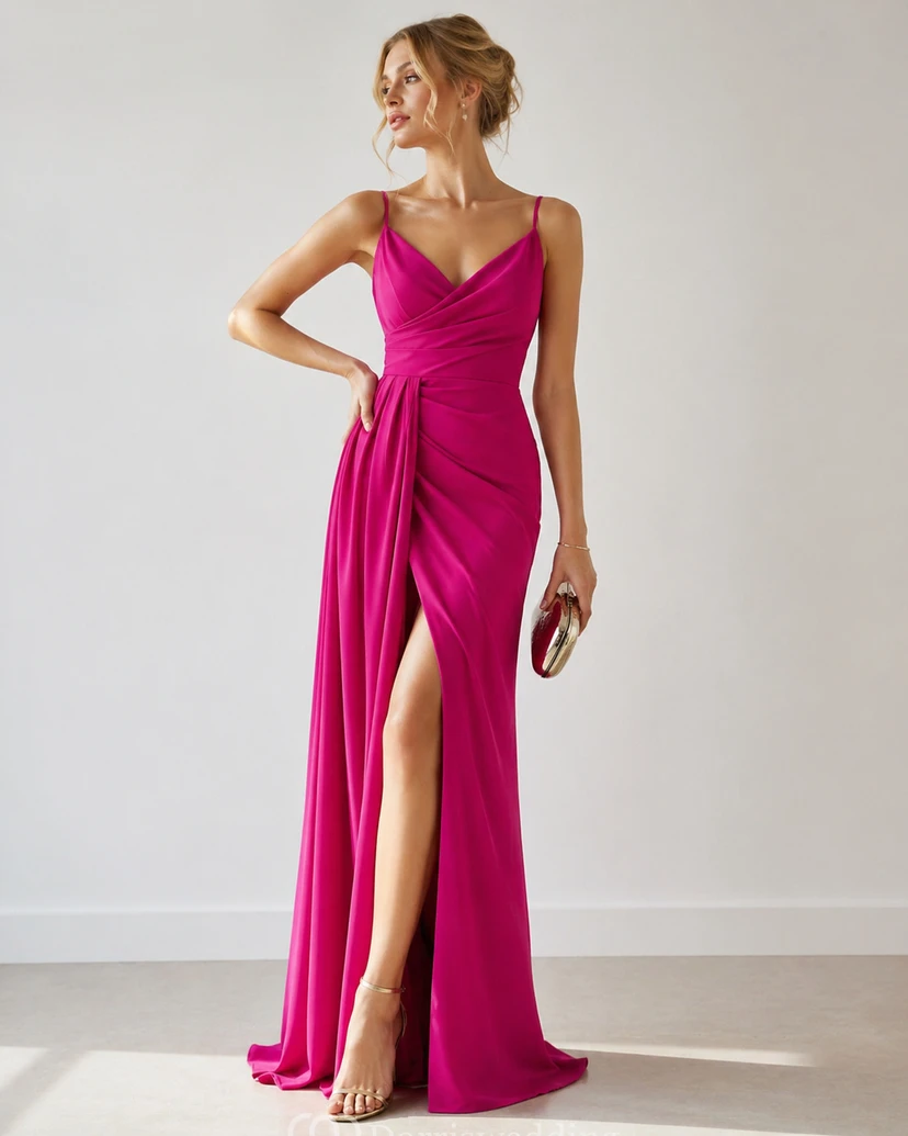 Casual V-neck Sheath Spaghetti Satin Floor-length Evening Dress with Ruching view 7