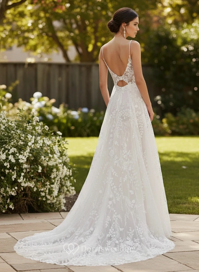 A-Linien-Hochzeitskleid aus Spaghettiträgern mit Blumenmuster und Spitze view 2