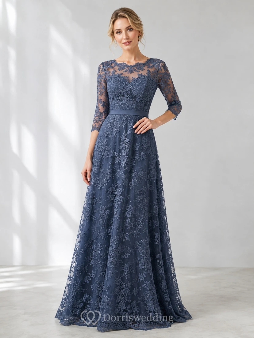 Dark Navy Lace Jewel Neck Three-quarter Sleeve Floor-length A-Line Evening Dress
