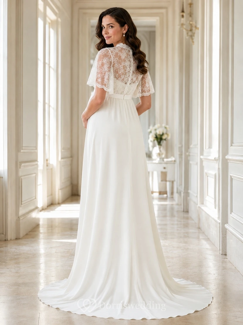 Vestido de novia de satén con cuello alto y mangas tipo capa, estilo modesto, para embarazadas. view 2