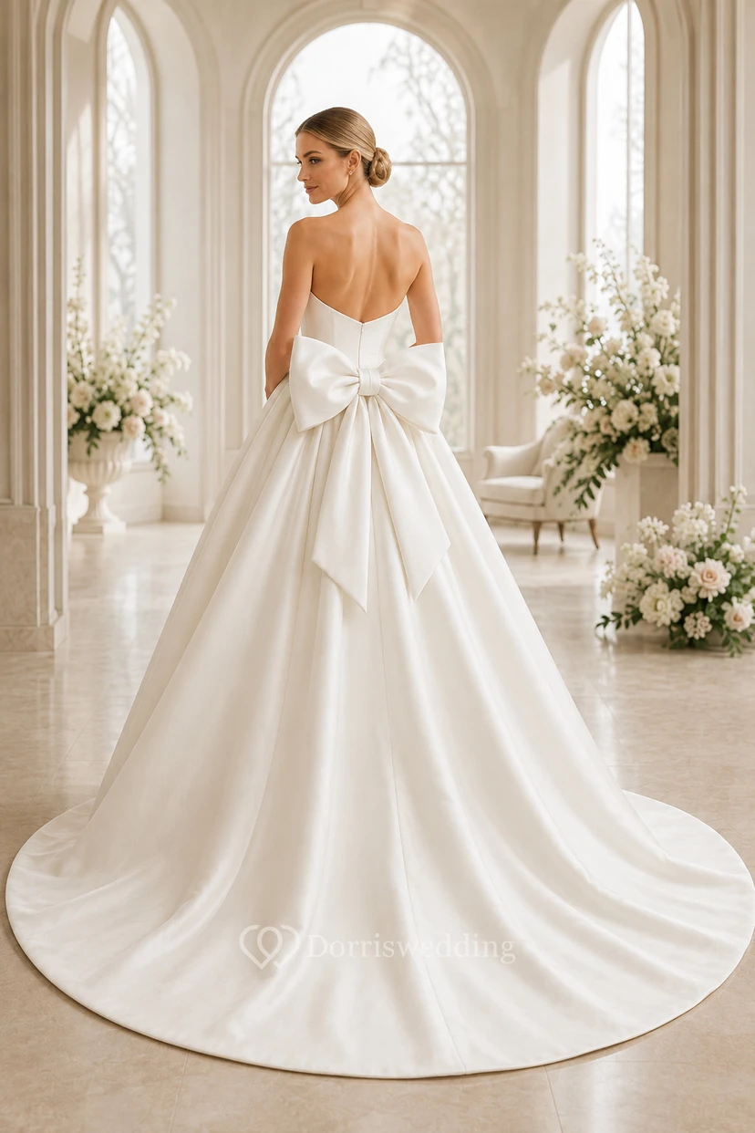 Robe de mariée en satin, robe de bal bustier, décolleté cœur, traîne, dos nu view 2