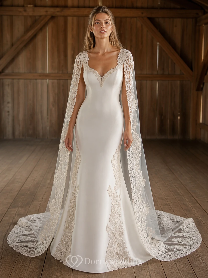 Vestido de novia bohemio de manga larga, corte recto, escote en V, estilo capa de granero, encaje y cola catedral.